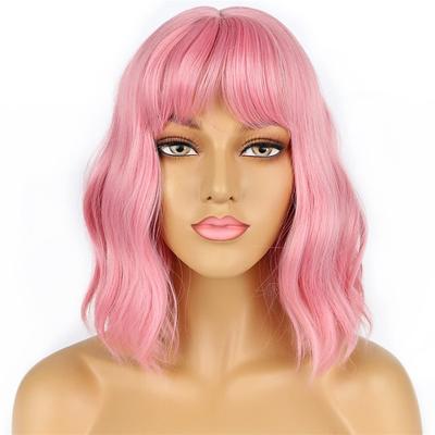 Dark Green Short Bob Wigs with Bangs for Women Loose Wavy Wig Curly Wavy Shoulder Length Bob Synthetic Cosplay Wig for Girl Colorful Costume Wigs St.Patrick's Day Wigs