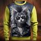 Color Block Cat Men's Fashion 3D Print Golf Pullover Sweatshirt Holiday Vacation Going out Sweatshirts Yellow Blue Long Sleeve Crew Neck Patchwork Print Spring Fall Designer Hoodie Sweatshirt