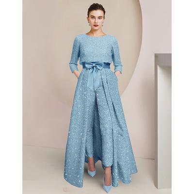 Jumpsuit / Pantsuit 3 Piece Mother of the Bride Formal Wedding Guest Elegant Sparkle Shine Scoop Neck Ankle Length Satin 3/4 Length Sleeve with Bow(s) 2025