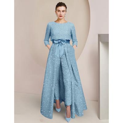 TS Jumpsuit / Pantsuit 3 Piece Mother of the Bride Dress Formal Wedding Guest Elegant Sparkle Shine Scoop Neck Ankle Length Satin 3/4 Length Sleeve with Bow(s) 2025