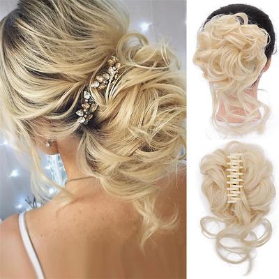 Messy Bun Curly Wavy Synthetic Hair Scrunchies Extension Hairpieces for Women Bun Wig Claw in Bun Messy Chignons Hair Extensions(12H24#Light Golden Brown Mix Golden Brown)