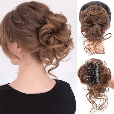 Messy Bun Curly Wavy Synthetic Hair Scrunchies Extension Hairpieces for Women Bun Wig Claw in Bun Messy Chignons Hair Extensions(12H24#Light Golden Brown Mix Golden Brown)