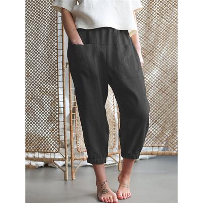 Women's Cotton Linen Pants Comfort Pure Color Pocket Elastic Waist Breathable Micro-elastic Home Black White Khaki Summer