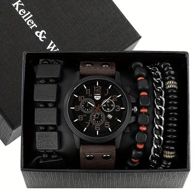 Keller Weber 5Pcs Watches Bracelet Set Luxury Men Quartz Wristwatches Leather Band Fahsion Casual Watch For Men Gift For Boyfriend