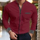 Men's Shirt Band Collar Shirt Summer Shirt Dress Shirt Button Up Shirt Casual Shirt White Burgundy Blue Long Sleeve Stripes Stand Collar Daily Vacation Splice Clothing Apparel Cotton Cotton Blend