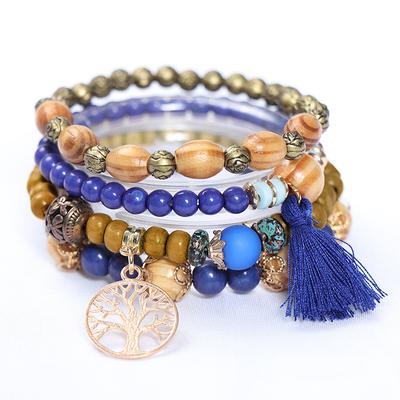 Tree Tassel Charm Beaded Bracelet Handmade Bohemian Style Multi-layer Wooden Bead Beaded Bracelet Elastic Bracelet Hand Jewelry