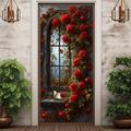 Roses Door Covers Mural Decor Door Tapestry Door Curtain Decoration Backdrop Door Banner Removable for Front Door Indoor Outdoor Home Room Decoration Farmhouse Decor Supplies