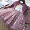 Kids Girls' Dress Animal Cartoon Long Sleeve Sequins Patchwork Basic Cotton Knee-length Tulle Dress 2-8 Years Black Pink Purple