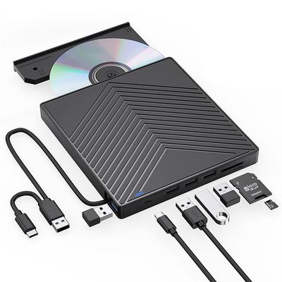 External CD DVD Drive 7 in 1 Ultra Slim CD Burner USB 3.0 with 4 USB Ports and 2 TF/SD Card Slots Optical Disk Drive for Laptop Mac PC Windows 11/10/8/7 Linux OS