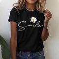 Women's T shirt Tee Cotton 100% Cotton Daisy Casual Weekend Black White Yellow Print Short Sleeve Basic Round Neck Regular Fit