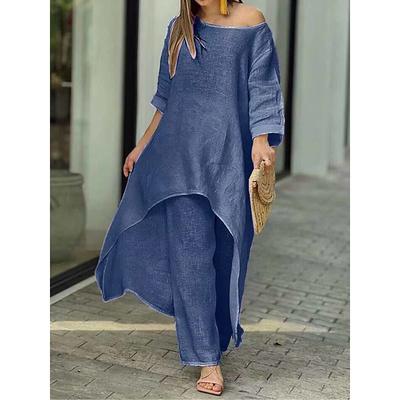 Women's Linen-Inspired Sets Two Piece Sets Pure Color Fashion Simple Casual Street Date Airport Breathable Crew Neck Long Sleeve Pant Summer Spring Home Outfits