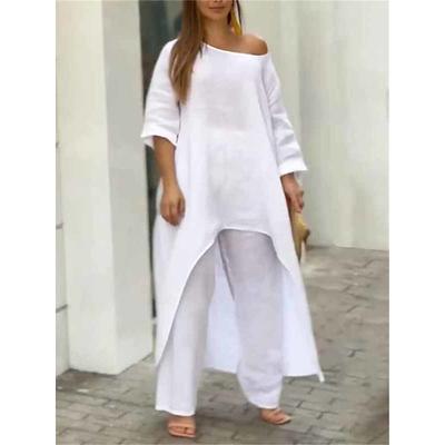 Women's Linen-Inspired Sets Two Piece Sets Pure Color Fashion Simple Casual Street Date Airport Breathable Crew Neck Long Sleeve Pant Summer Spring Home Outfits