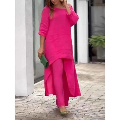 Women's Linen-Inspired Sets Two Piece Sets Pure Color Fashion Simple Casual Street Date Airport Breathable Crew Neck Long Sleeve Pant Summer Spring Home Outfits