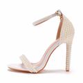 Women's Wedding Shoes For Bride Women Bridesmaid Pearl Stiletto Faux Leather Open Toe Strappy High Heel Classic Pumps White Beige