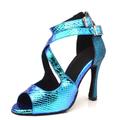 Women's Latin Shoes Dance Shoes Indoor Performance Sparkling Shoes Heel Glitter High Heel Peep Toe Buckle Cross Strap Adults' Silver Gold Blue