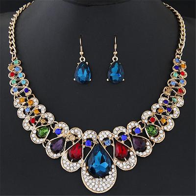 Fashion Exaggerated Water Drop Gem Diamond Pendant Necklace Earrings 2 Piece Set Wedding Bride Flash Diamond Crystal Temperament Necklace Jewelry Color Diamond Water Drop Two Piece Set