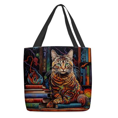 Women's Tote Shoulder Bag Canvas Tote Bag Polyester Shopping Daily Holiday Print Large Capacity Foldable Lightweight Cat Character Red Blue Green
