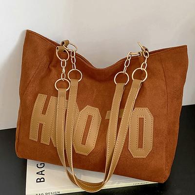 Large Capacity Canvas Tote Bag with Leather Straps, Gold Chain Accents, and Bold Lettering - Available in 4 Colors, Perfect for Daily Use and Travel