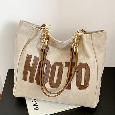 Large Capacity Canvas Tote Bag with Leather Straps, Gold Chain Accents, and Bold Lettering - Available in 4 Colors, Perfect for Daily Use and Travel