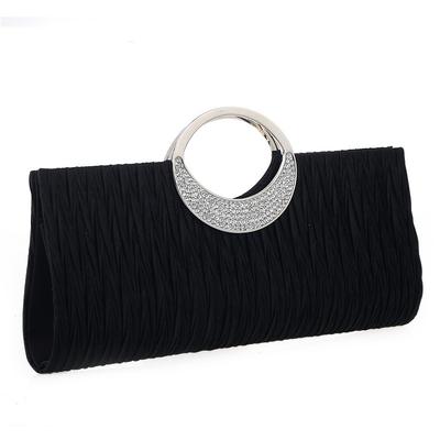 Women's Elegant Evening Clutch Bag - Rhinestone Handle, Pleated Satin, Wedding Party Purse