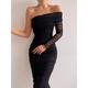 Women's Black Dress Cocktail Dress Party Dress Wedding Guest Dress Bodycon Midi Dress Red Long Sleeve Ruched Spring Fall Winter One Shoulder Party Birthday Evening Party Wedding Guest Slim