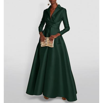 TS A-Line Evening Gown Elegant Dress Formal Wedding Guest Floor Length Long Sleeve Shirt Collar Satin with Ruched 2025