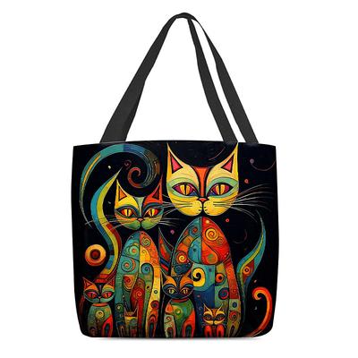 Women's Colorful Cat Print Tote Bag, Artistic Design with Large Capacity, Perfect for Daily Use or Shopping