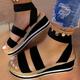 Women's Sandals Wedge Sandals Espadrilles Platform Sandals Daily Solid Colored Summer Platform Wedge Heel Ankle Strap Heel Open Toe Casual Elastic Fabric Loafer Black Blue