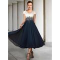 A-Line Mother of the Bride Dress Wedding Guest Elegant V Neck Tea Length Chiffon Satin Lace Short Sleeve with Pleats Appliques 2024