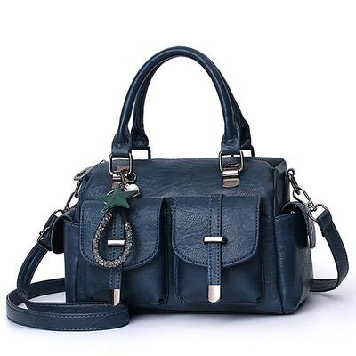 Women's Blue Faux Leather Handbag – Stylish Large Capacity Shoulder Bag with Pockets for Work Travel
