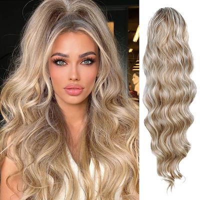 24 Inch Long Body Wave Ponytail hair Extension Synthetic Heat Resistant Wrap Around Drawstring Curly Wavy Ponytail Hairpieces for Women