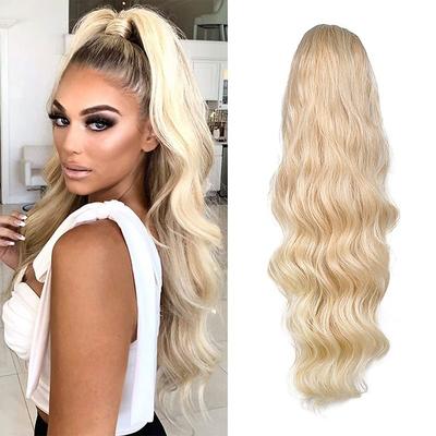 24 Inch Long Body Wave Ponytail hair Extension Synthetic Heat Resistant Wrap Around Drawstring Curly Wavy Ponytail Hairpieces for Women