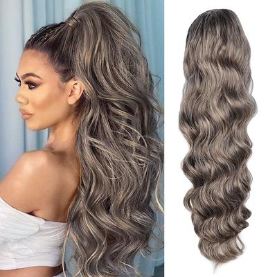 24 Inch Long Body Wave Ponytail hair Extension Synthetic Heat Resistant Wrap Around Drawstring Curly Wavy Ponytail Hairpieces for Women