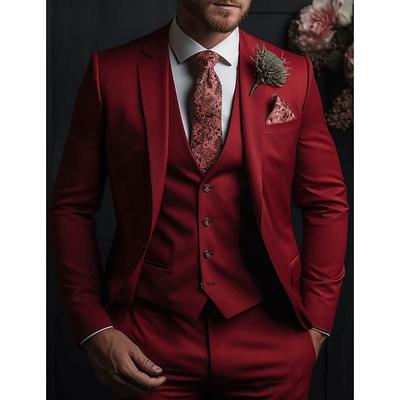 Men's Wedding Suits Red Dark Blue Solid Colored Slim Fit 3 Piece Single Breasted One-button