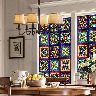 1 Roll Colorful Retro Colorful Flower Pattern Window Glass Electrostatic Stickers Removable Window Privacy Stained Decorative Film for Home Office