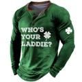 St.Patrick's Day st paddys WHO's YOUR LADDIE Shamrock Men's Casual 3D Print Henley Shirt Casual Holiday T shirt Black Blue Green Long Sleeve Henley Shirt Spring Fall Clothing Apparel S M XL XXL 3XL