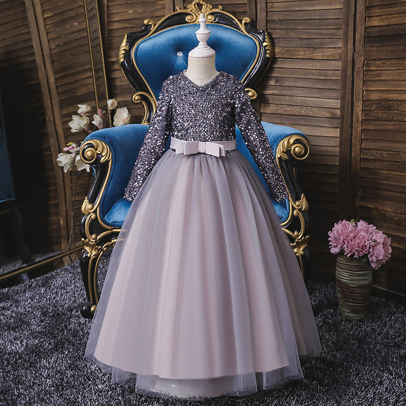 Flower Girl Dress Girls' Dress Party Dress Performance Wedding Party Cute Sweet Thanksgiving New Year Sequins Long Sleeve V Neck Red Blue 4-13 Years