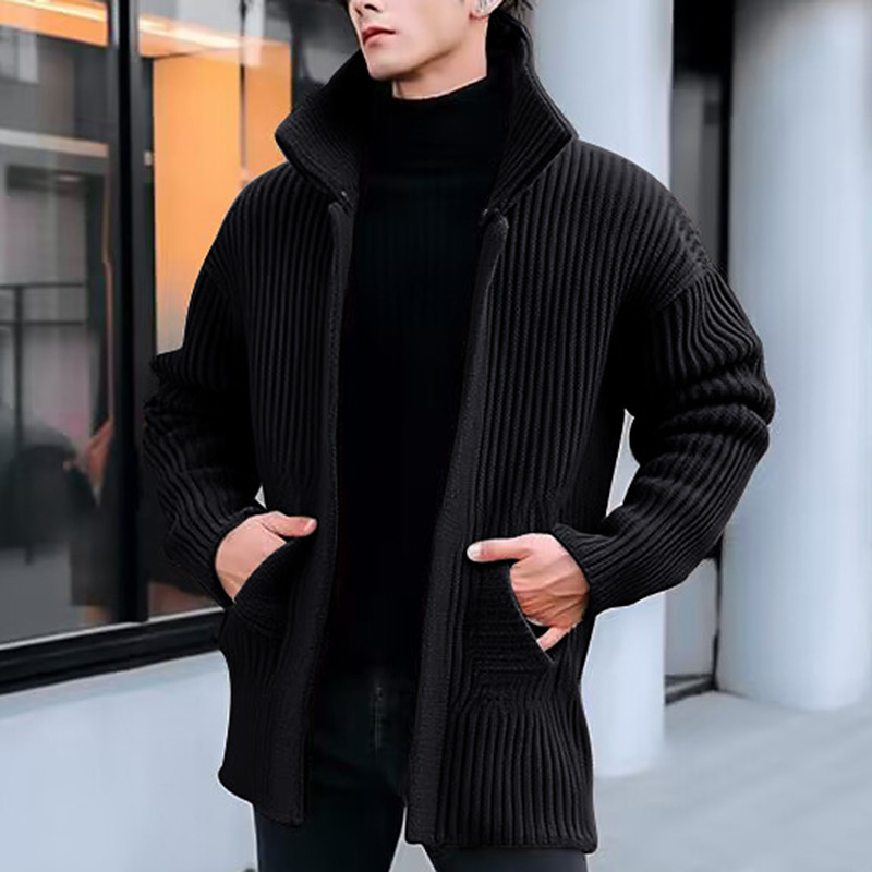 Men's Sweater Cardigan Sweater Ribbed Knit Regular Knitted Plain Stand Collar Warm Ups Modern Contemporary Daily Wear Going out Clothing Apparel Fall Winter Black Green M L XL