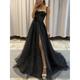 A-Line Prom Dresses Glitter Black Dress Wedding Dresses Formal Gothic Dress Floor Length Sleeveless Sweetheart Spaghetti Tulle with Slit 2024