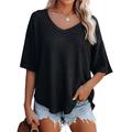 summer v-neck doll sleeve waffle knit loose solid color short sleeve t-shirt top women's