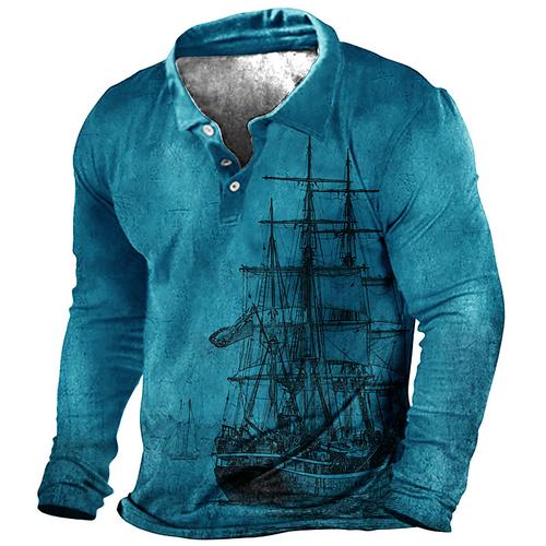 Men's Nautical Polo Shirts Golf Shirt Long Sleeve Polo Shirts Collared Shirts Vintage Casual Vacation Wear Boat Wear Party Outfits Buttons 3D Print Red Royal Blue Blue