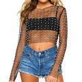 Women Pearl Rhinestone Sheer Mesh Crop Top Sexy See Through Long Sleeve Slim Fit Cropped Blouse Shirt Clubwear