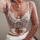 Women Pearl Rhinestone Sheer Mesh Crop Top Sexy See Through Long Sleeve Slim Fit Cropped Blouse Shirt Clubwear