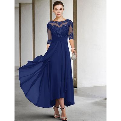 A-Line Mother of the Bride Dress Wedding Guest Elegant Plus Size High Low V Neck Asymmetrical Ankle Length Chiffon Lace Half Sleeve with Beading Appliques 2025 free custom size