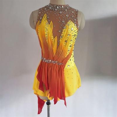 Figure Skating Dress Women's Girls' Ice Skating Dress Yellow Open Back Spandex High Elasticity Training Competition Skating Wear Handmade Crystal / Rhinestone Sleeveless Ice Skating Figure Skating