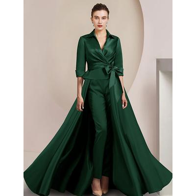 Two Piece Jumpsuit / Pantsuit Mother of the Bride Formal Wedding Guest Elegant Shirt Collar Ankle Length Satin Half Sleeve with Bow(s) 2025 free custom size