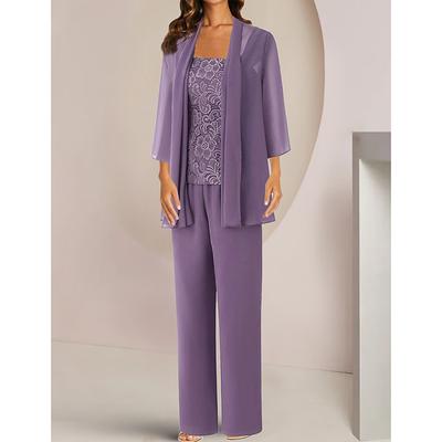 Jumpsuit / Pantsuit 3 Piece Mother of the Bride Formal Wedding Guest Elegant Square Neck Ankle Length Chiffon Lace Half Sleeve with Appliques 2025
