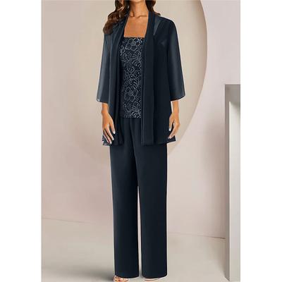 Jumpsuit / Pantsuit 3 Piece Mother of the Bride Formal Wedding Guest Elegant Square Neck Ankle Length Chiffon Lace Half Sleeve with Appliques 2025