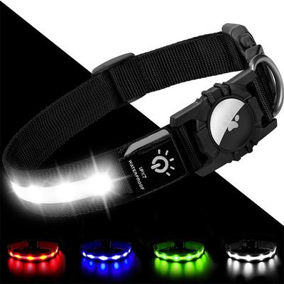 Light Up Dog Collar IPX7 Waterproof LED Flashing for Airtag Pet Collars for Dark Night Walking USB C Rechargeable Glow Nylon Collar with Air Tag Holder for Puppies Small Dogs Black