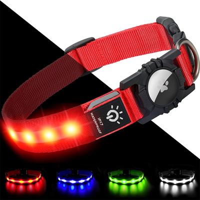 Light Up Dog Collar IPX7 Waterproof LED Flashing for Airtag Pet Collars for Dark Night Walking USB C Rechargeable Glow Nylon Collar with Air Tag Holder for Puppies Small Dogs Black(without Airtag)